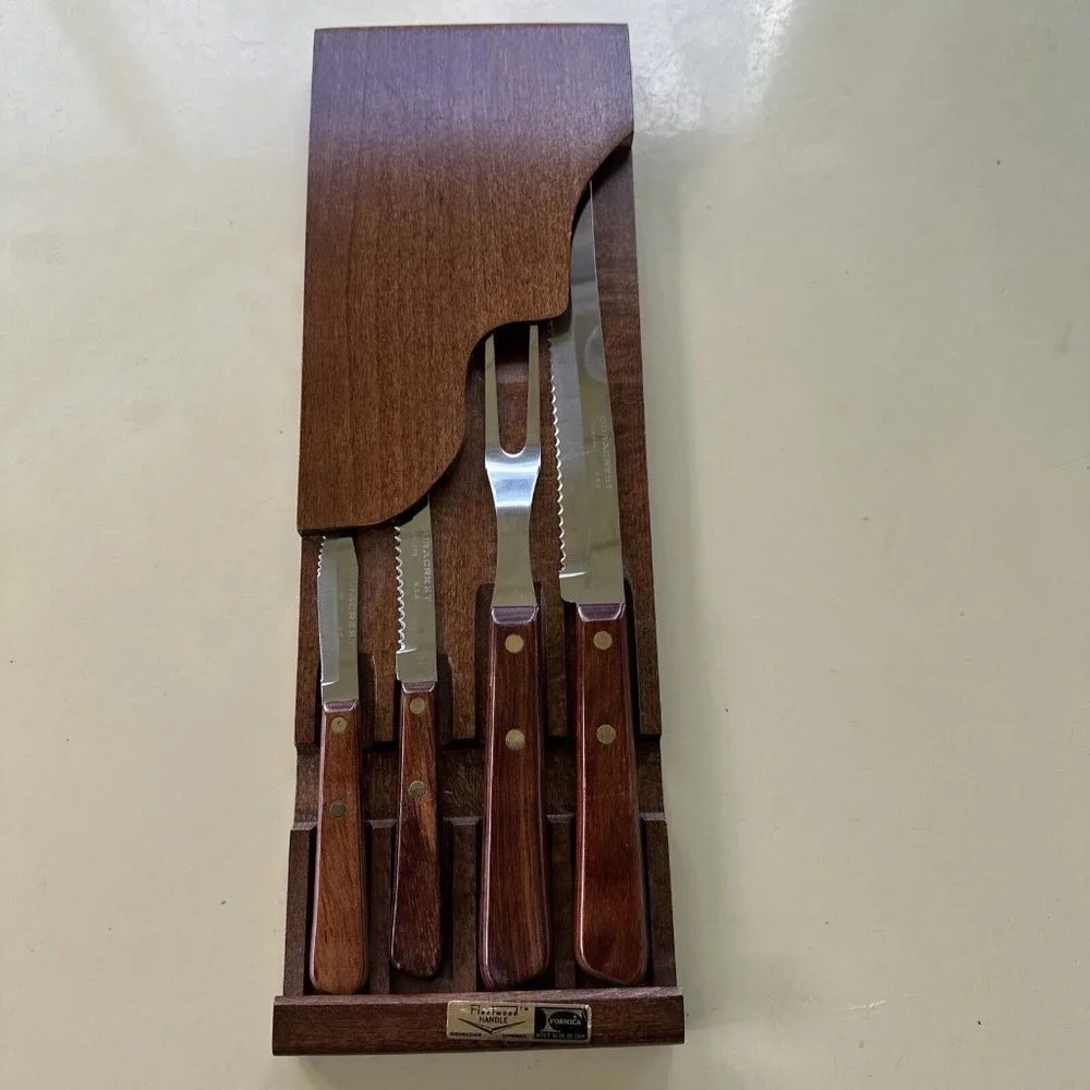 Carving Knife & Fork, Paring Knife And Serated Knife Set Duracrest W/Wood Holder